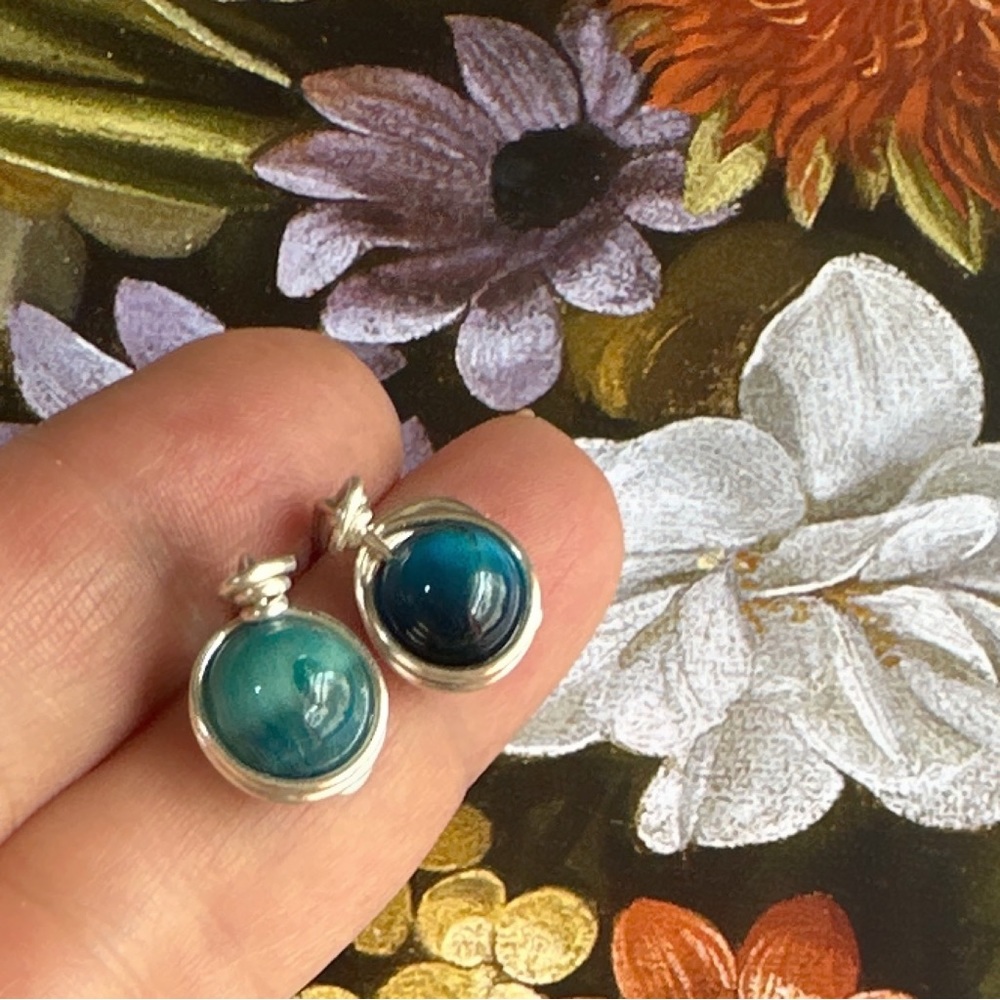 Blue Tiger’s eye silver halo stud earrings Manifesting power and wealth